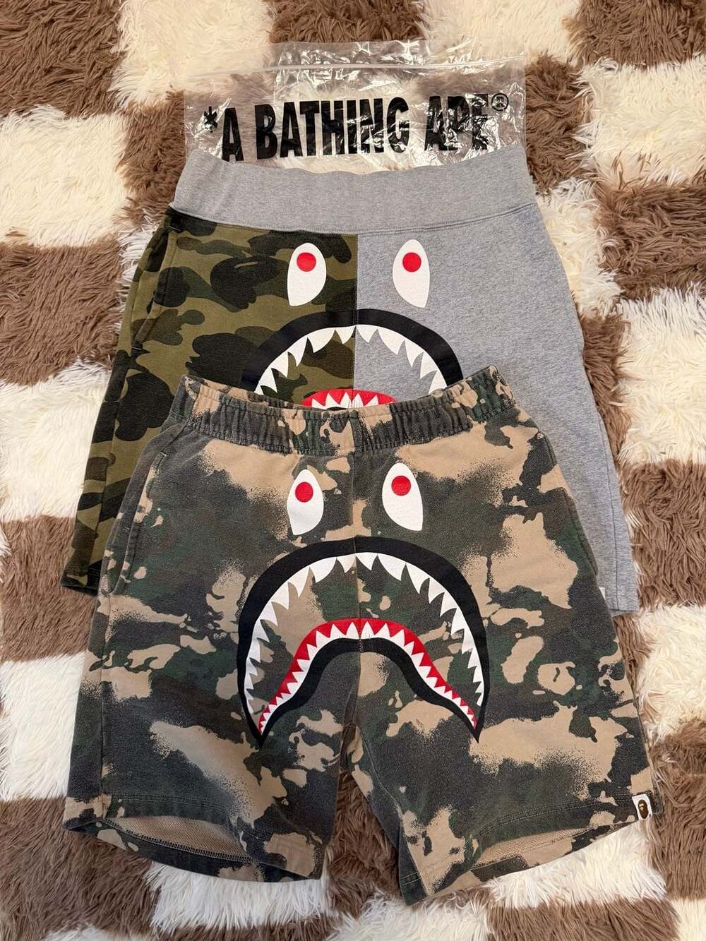 A Bathing Ape Mixed Camo/Grey Shark Shorts and Bape Shark Map Camo Shorts